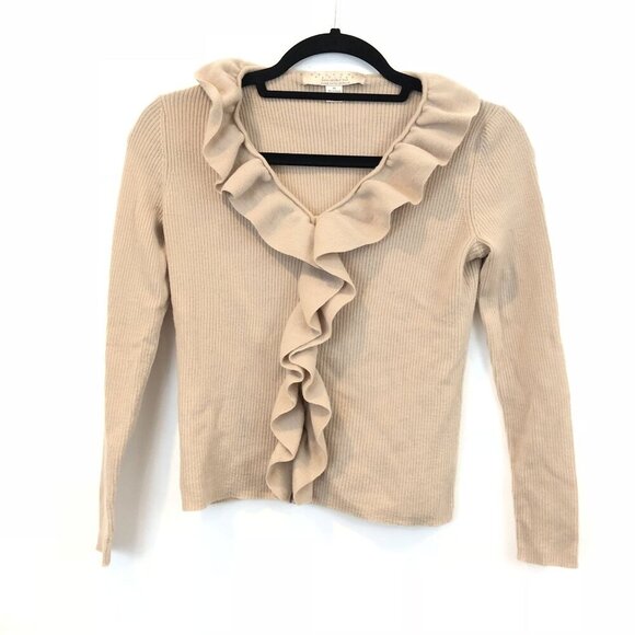Belford Petites Beige Ruffle Trim V-Neck Cardigan PS 100% Extrafine Merino Wool - Picture 1 of 6